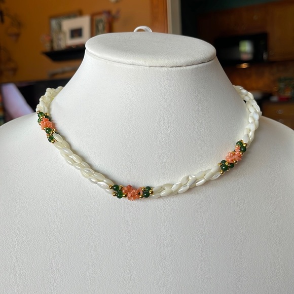 Forever Gold Twisted Mother of Pearl, Jade, & Coral Necklace and Bracelet Set - Picture 1 of 5